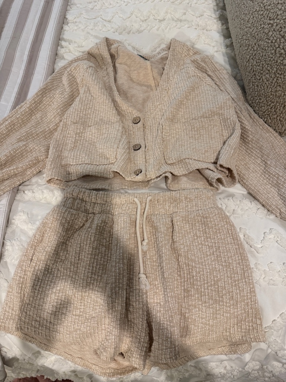 Free People Beige Textured Knit Lounge Shorts Set